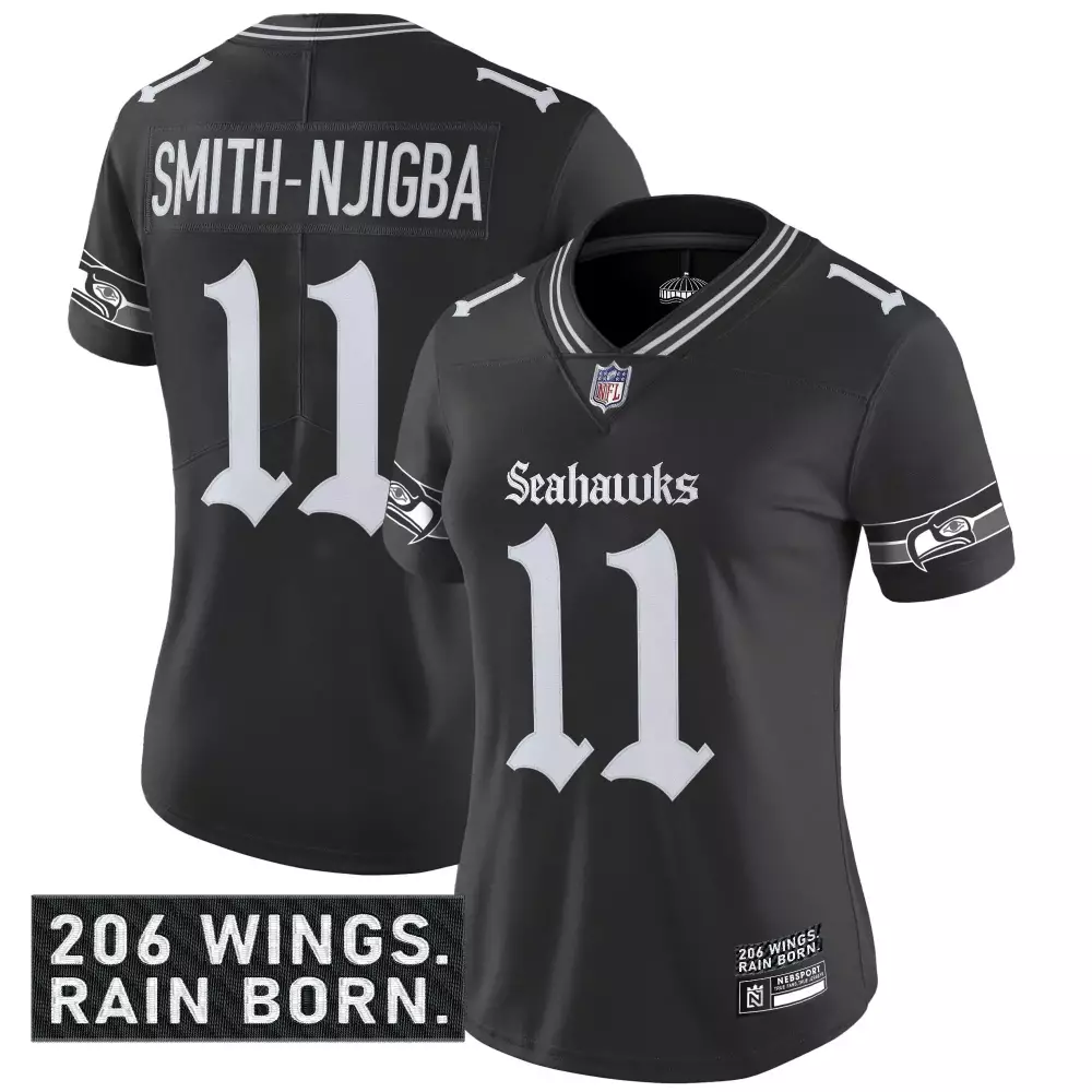 Smith Njigba 11 Women's Black Vapor Jersey | Seattle Seahawks 206 Wings Patch 2023 Edition | For Men, Women & Youth