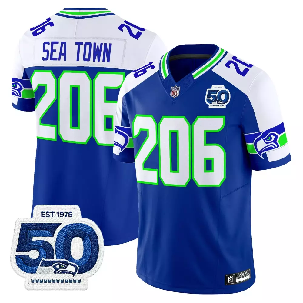 Seattle Seahawks Blue Stitched Jersey | 50th Anniversary Patch | Men's Style 206 | For Men, Women & Youth