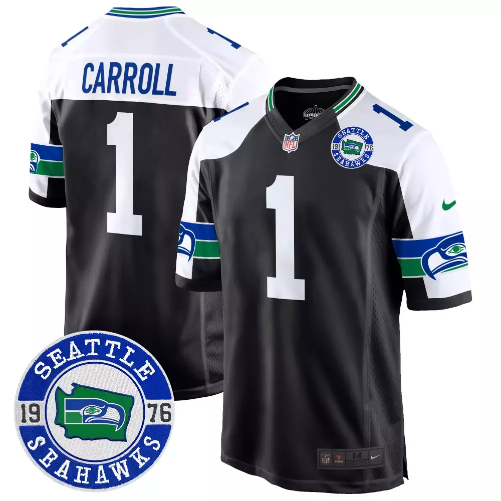 Men's Black Stitched Game Jersey Seattle Seahawks Carroll 1 Year 1976 Name Patch | Classic Fan Gear for Collectors | For Men, Women & Youth