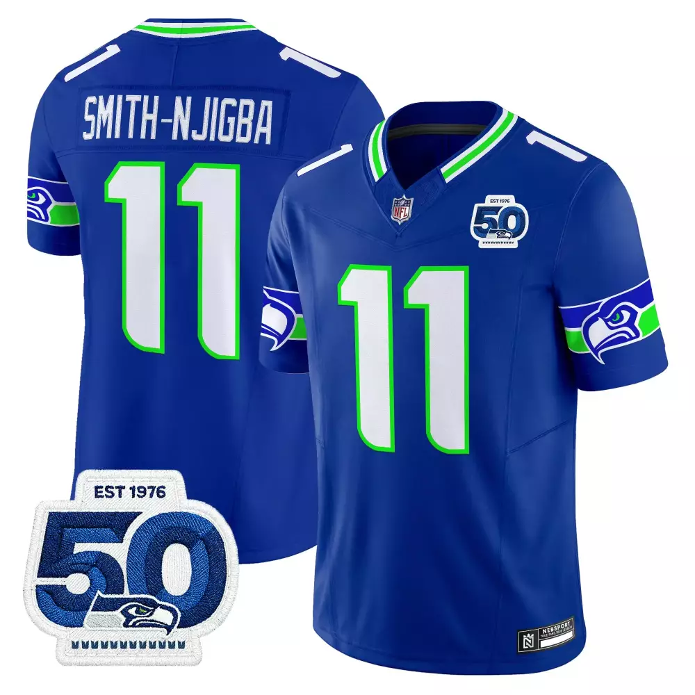 Smith Njigba Seattle Seahawks 2023 Stitched Jersey | Blue | 50th Anniversary Patch | For Men, Women & Youth