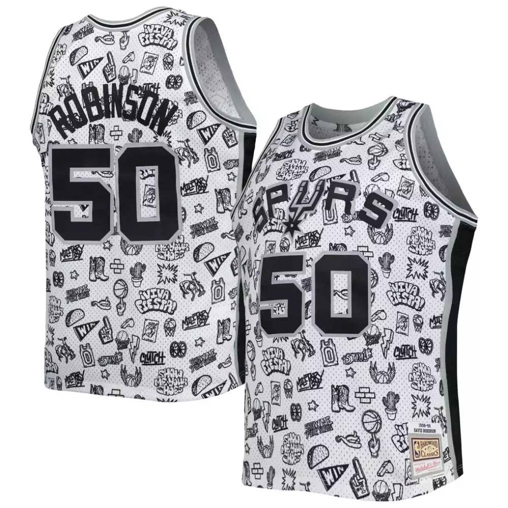 Robinson San Antonio Spurs Mitchell & Ness 1998-99 Hardwood Classics Doodle Swingman Player Jersey | White Edition | Fan Gear for Men, Women & Youth