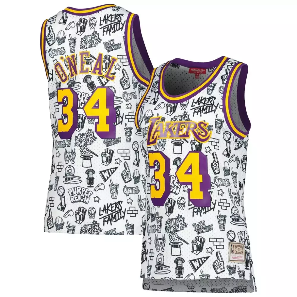 Shaquille O'Neal Lakers Women's 1996 Doodle Swingman Jersey | Mitchell & Ness White | For Women & Youth