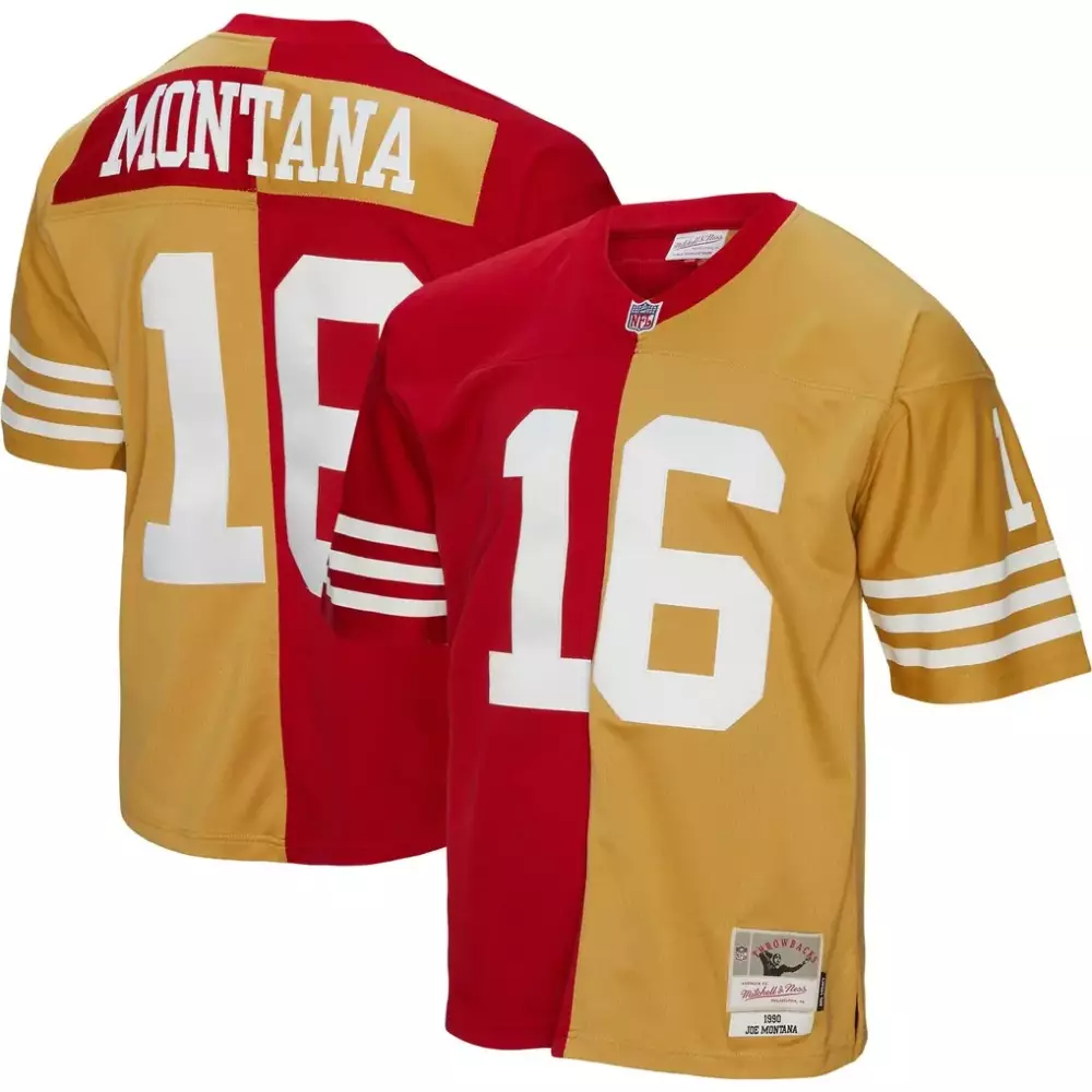 Joe Montana San Francisco 49ers Mitchell & Ness 1990 Split Legacy Replica Jersey | Scarlet Gold | For Men, Women & Youth