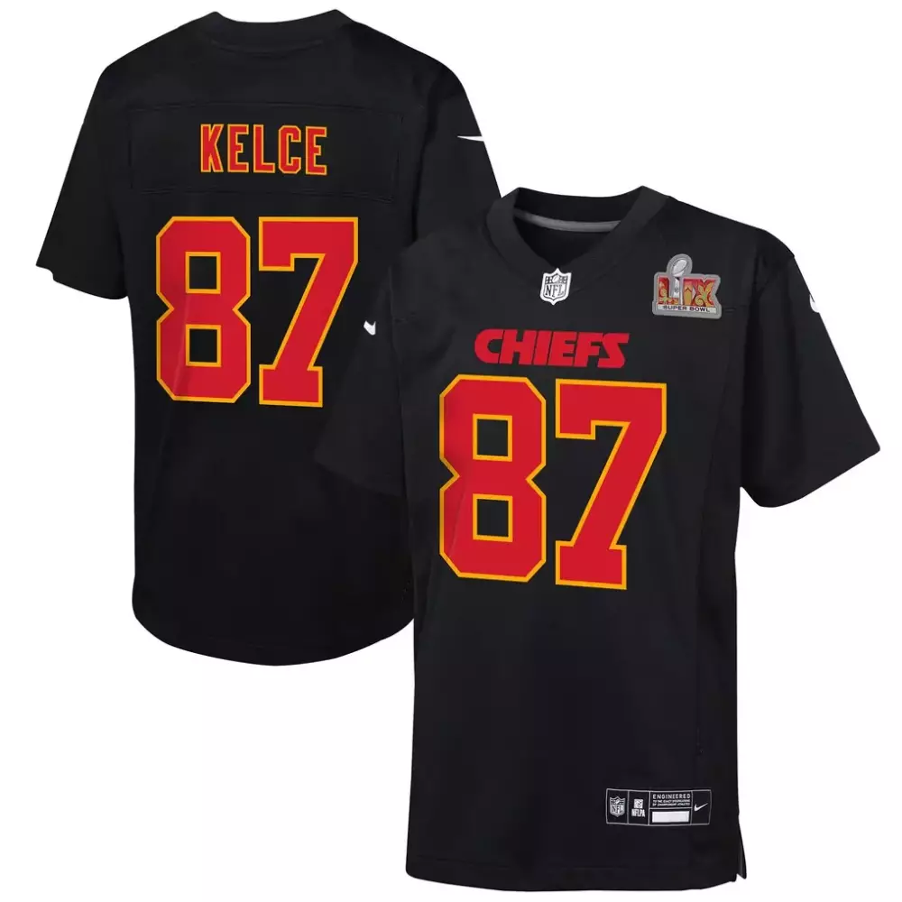 Travis Kelce Kansas City Chiefs Nike Youth Super Bowl LIX Patch Fashion Game Jersey | Carbon Black | Stylish Fan Gear | For Kids