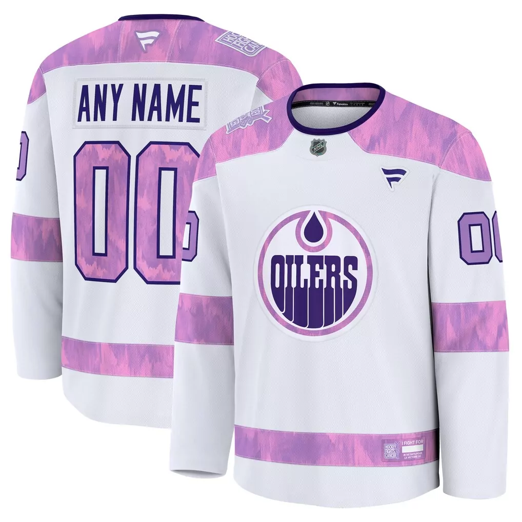 Edmonton Oilers Fanatics 2024 Hockey Fights Cancer Custom Practice Jersey | White | Unique Fan Gear for Men, Women & Youth