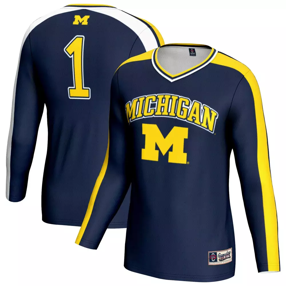 Custom Michigan  1 All Stitched Vapor 2023 Yellow Design Style V-neck Long Sleeve Jersey – Navy