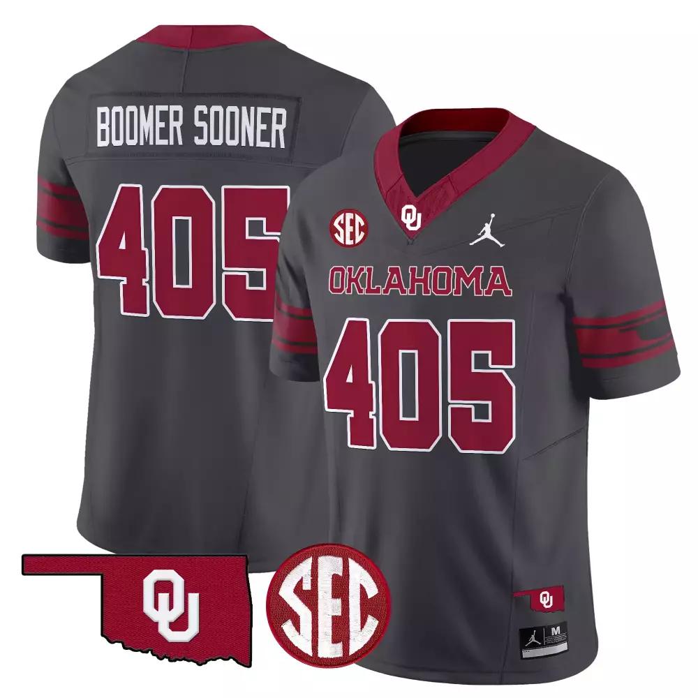 Personalized Oklahoma Sooners  SEC Boomer Sooner 405 Vapor All Stitched Gray 2025 Patch Authentic Jersey – Charcoal