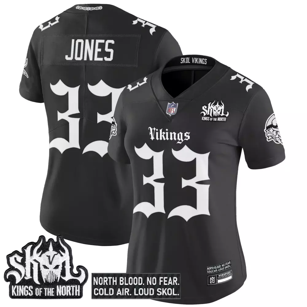 Jones 33 Minnesota Vikings Black Vapor Jersey | Stitched Skol Patch 2023 Edition | Replica Fan Gear for Women