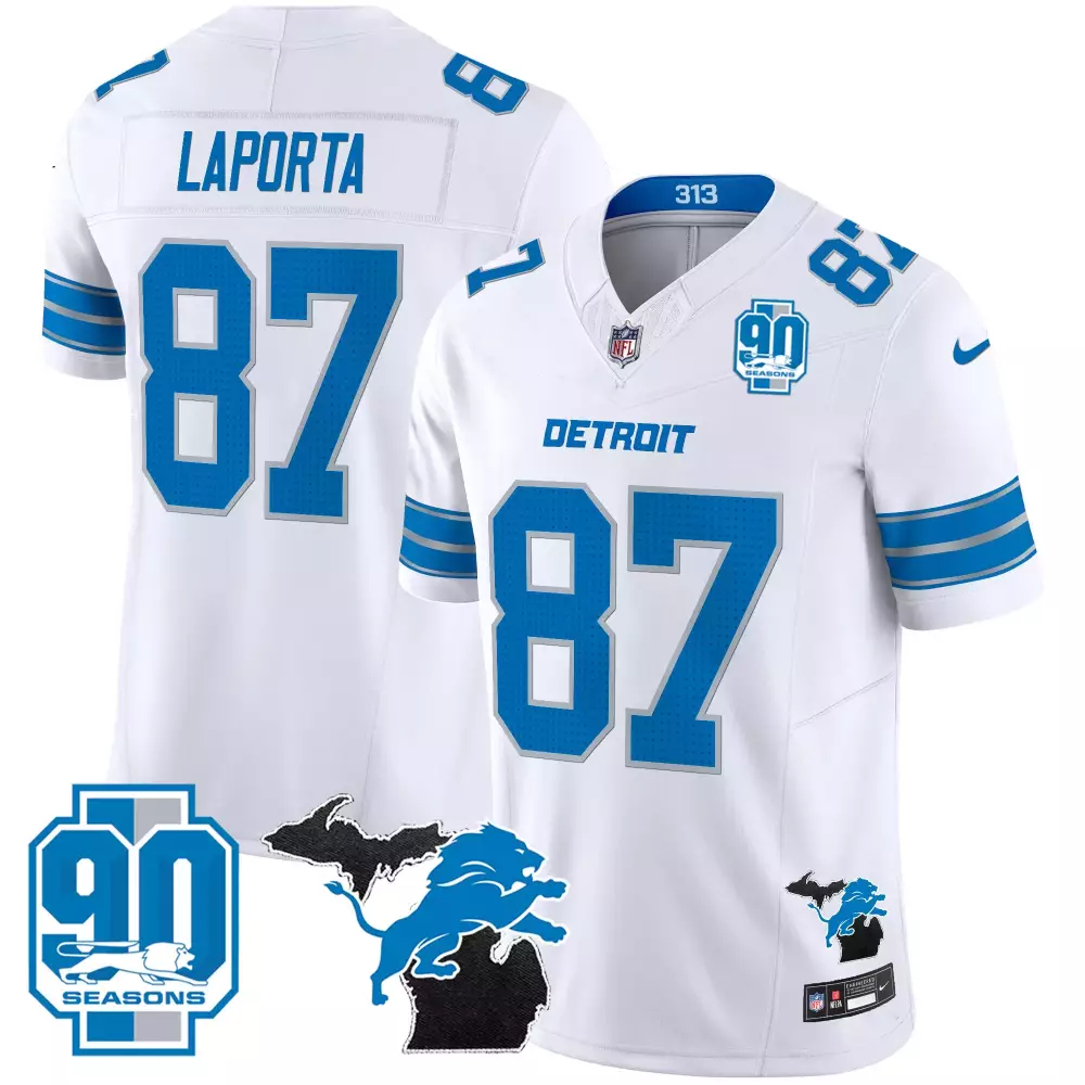 Laporta 87 Detroit Lions 2025 White Stitched Vapor Jersey | 90th Season Patch Fan Gear | For Men, Women & Youth