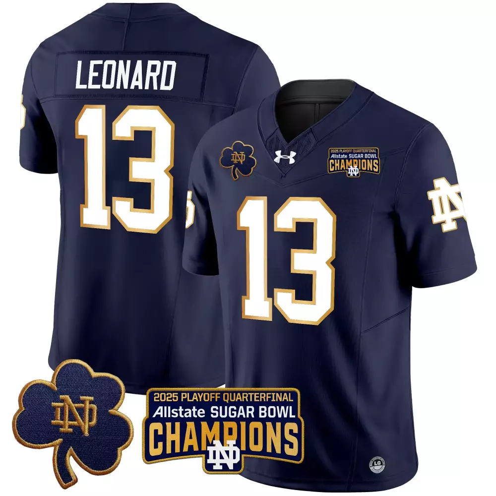 Leonard 13 Notre Dame Fighting Irish 2025 Stitched Vapor Jersey | Navy Sugar Bowl Champions | Limited Edition Fan Gear | For Men, Women & Youth