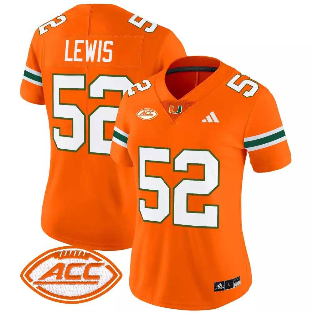 Lewis 52 Miami Hurricanes Women's Stitched Vapor Jersey 2025 | Orange ACC Patch | Limited Edition Fan Gear | For Men, Women & Youth