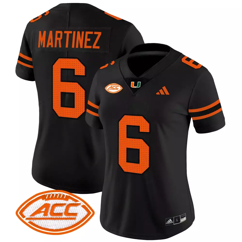 Martinez 6 Miami Hurricanes 2025 Stitched Jersey | Black Vapor with ACC Patch | Game Day Outfit for Men, Women & Youth