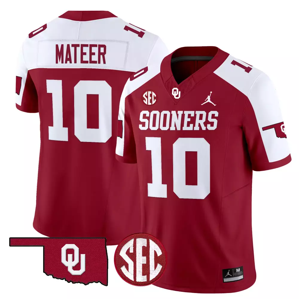 Custom Oklahoma Sooners  SEC Mateer 10 2025 Vapor All Stitched Embroidered Patch Authentic Jersey – Crimson