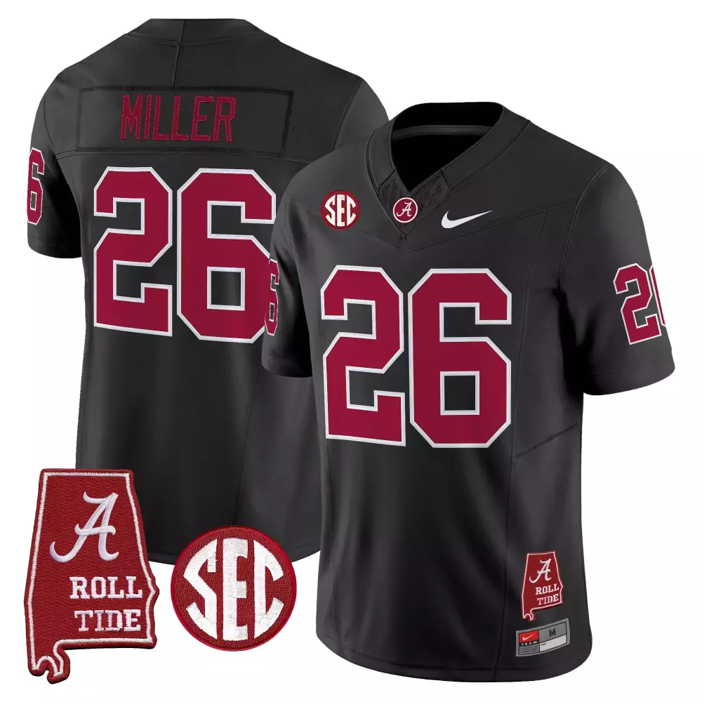 Miller 26 Alabama Crimson Tide Black Stitched Vapor Jersey | 2023 SEC Patch | Game Day Outfit | For Men, Women & Youth