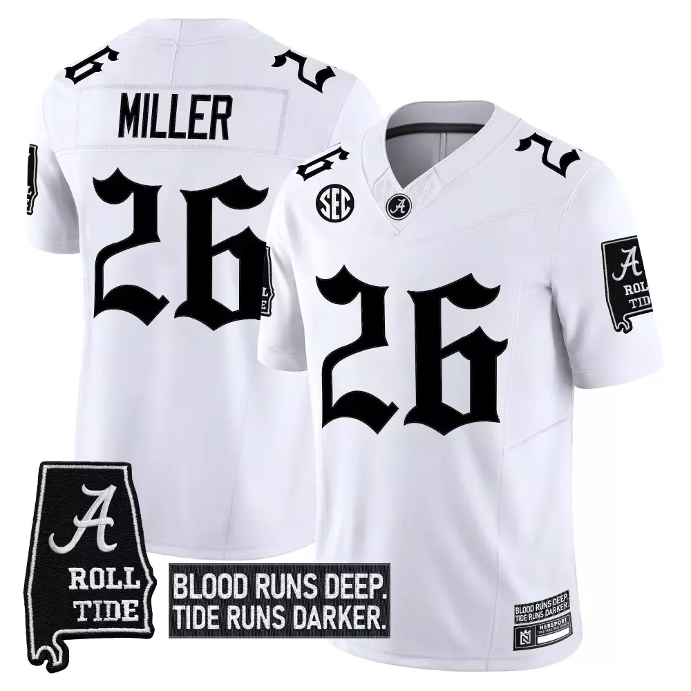 Miller 26 Alabama Crimson Tide White Stitched Vapor Jersey | 2023 Blood Runs Deep Patch | Replica Fan Gear | For Men, Women & Youth