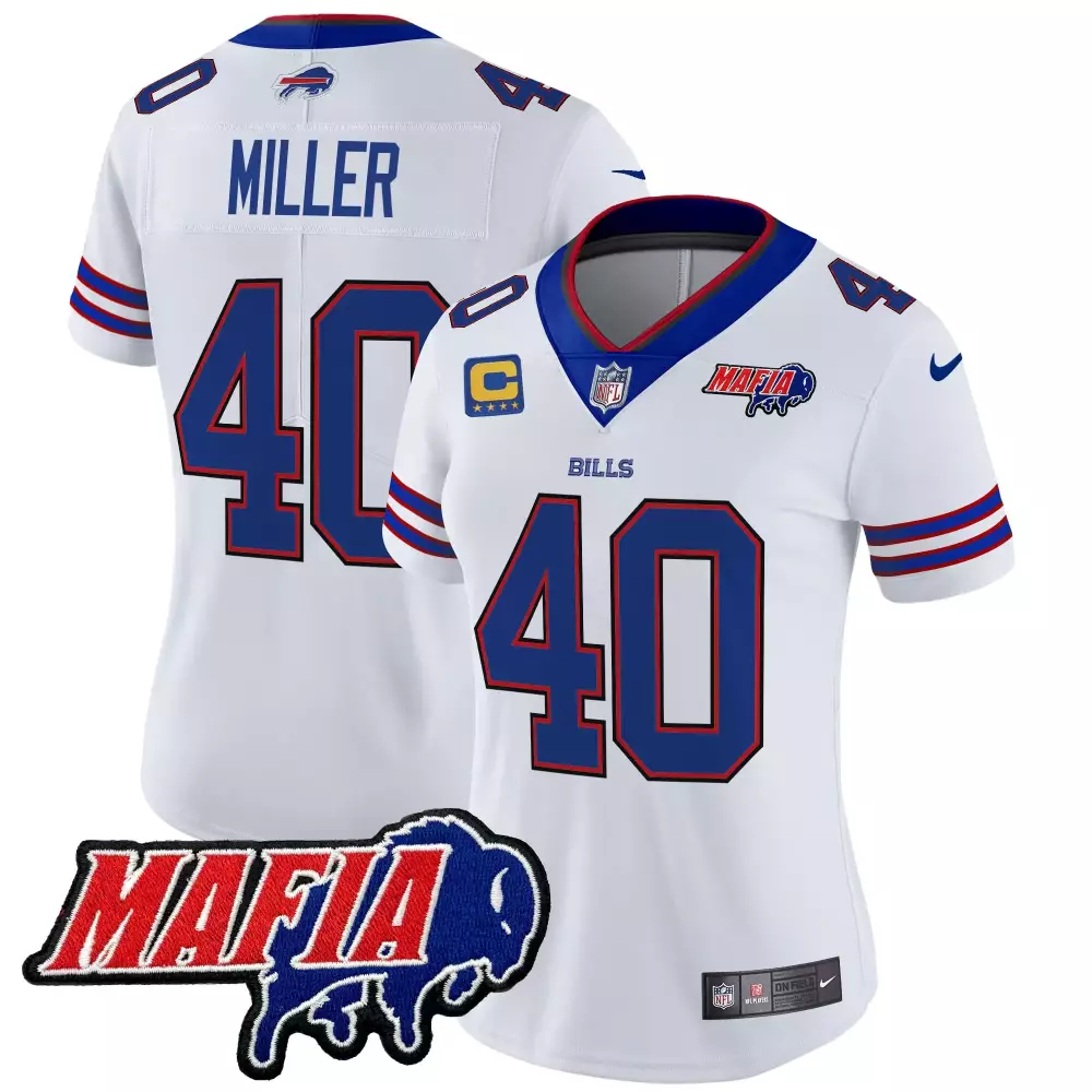 Miller 40 Women's Buffalo Bills 2025 White Stitched Vapor Jersey | Mafia Patch | Fan Gear for Men, Women & Youth