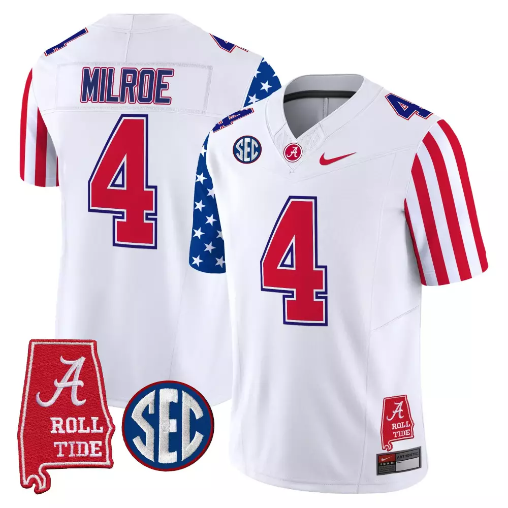 Milroe 4 Alabama Crimson Tide White Vapor Jersey | 2023 Embroidered Patches | Game Day Outfit | For Men, Women & Youth