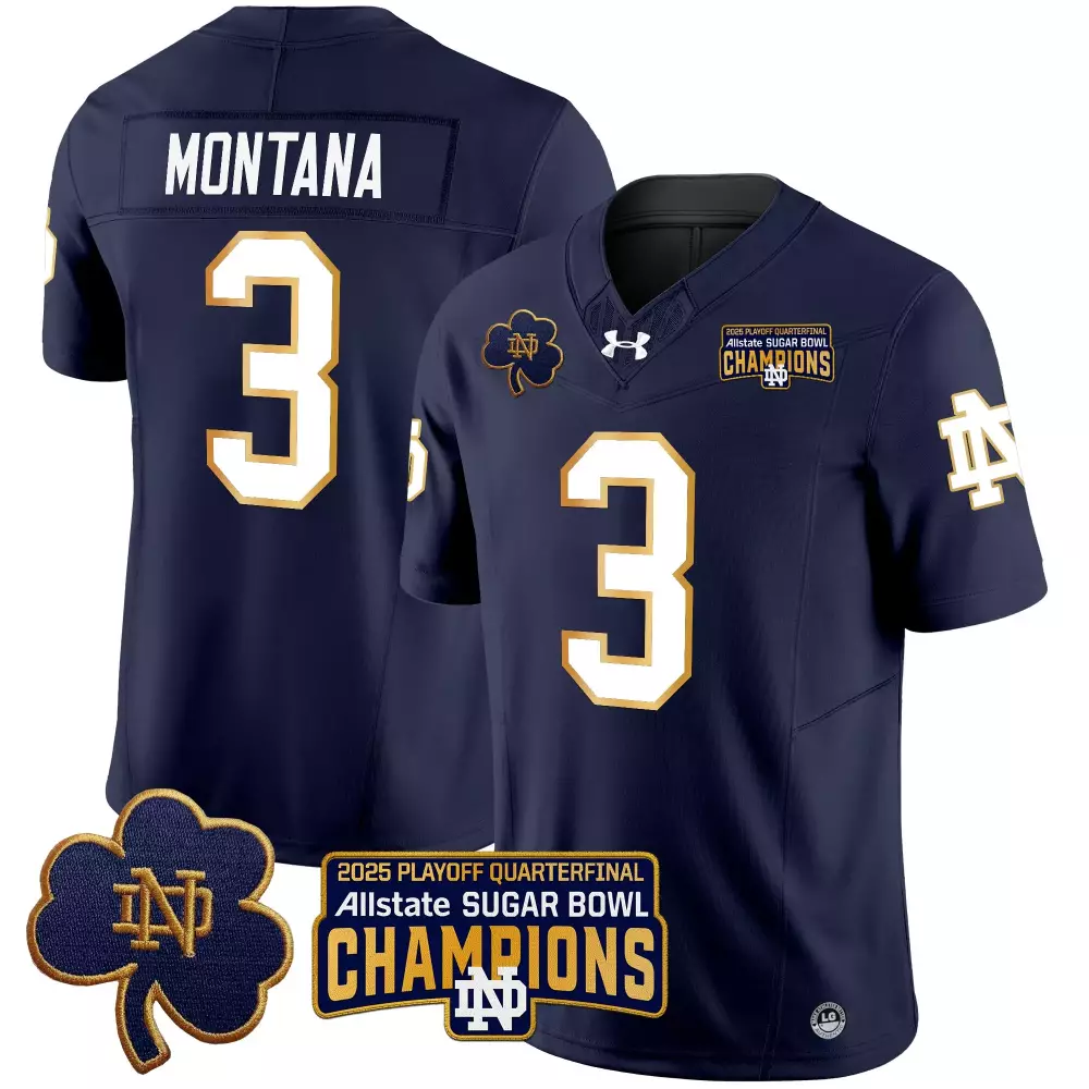 Montana 3 Notre Dame Fighting Irish 2025 Navy Stitched Jersey | Sugar Bowl Champions Style | Fan Gear for Men, Women & Youth