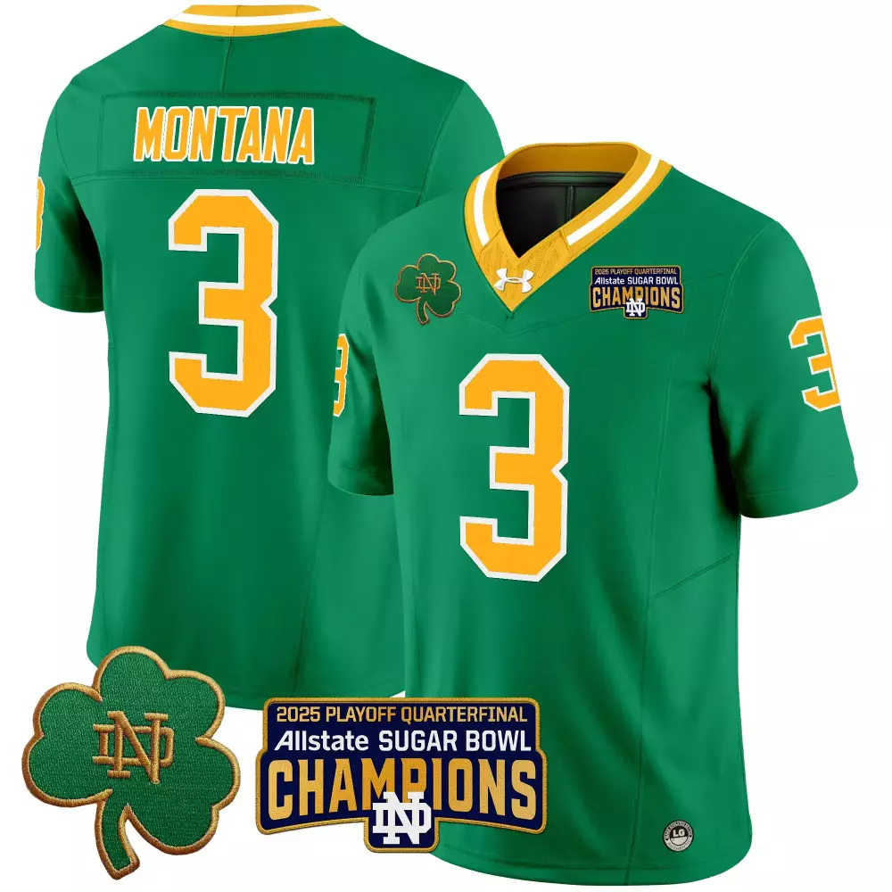 Montana 3 Notre Dame Fighting Irish 2025 Green Sugar Bowl Champions Jersey | Limited Edition Fan Gear | For Men, Women & Youth