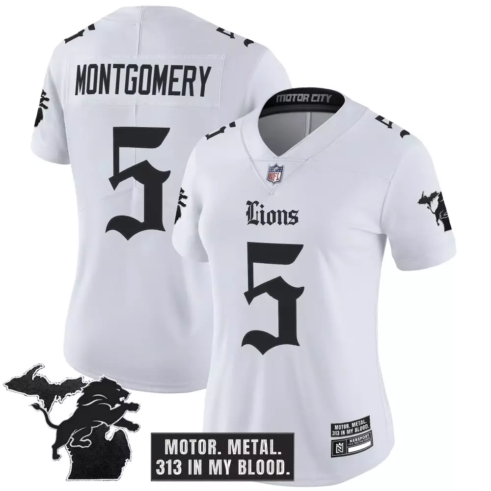 Montgomery 5 Women's Vapor Jersey | White Motor City Edition 2023 | Detroit Lions Fan Gear for Women & Youth