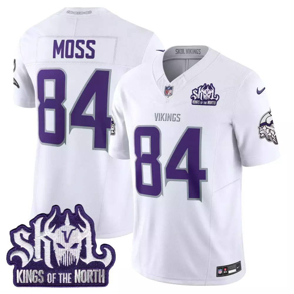 Moss 84 Minnesota Vikings White Stitched Vapor Jersey | 2025 Skol Patch | Limited Edition Fan Gear | For Men, Women & Youth