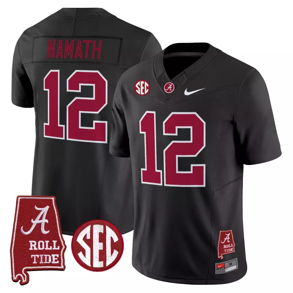 Namath 12 Alabama Crimson Tide Black Vapor Limited Jersey | 2025 SEC Embroidered Patch | For Men, Women & Youth