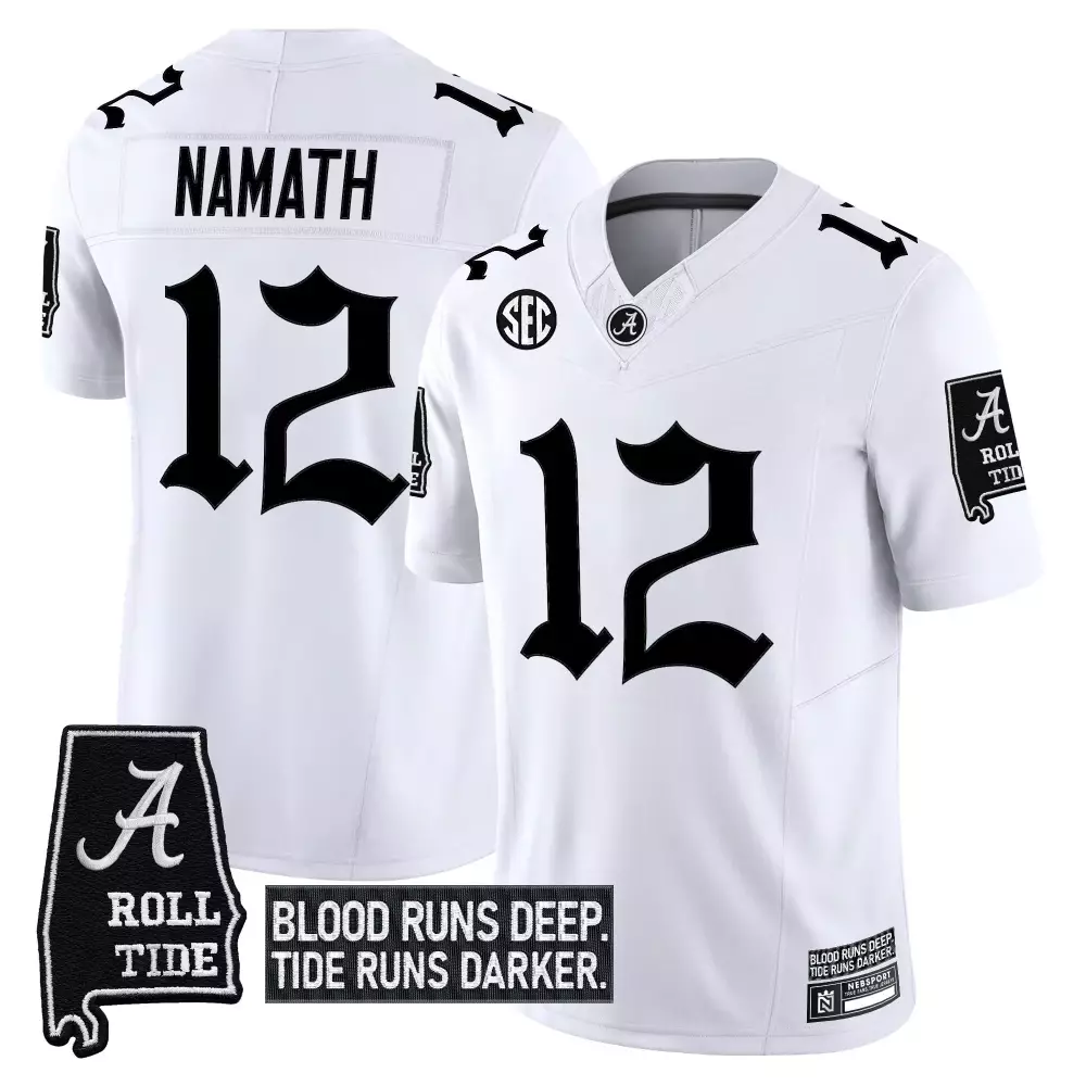 Namath 12 Alabama Crimson Tide Stitched Vapor Jersey | White Blood Runs Deep Patch 2023 | For Men, Women & Youth