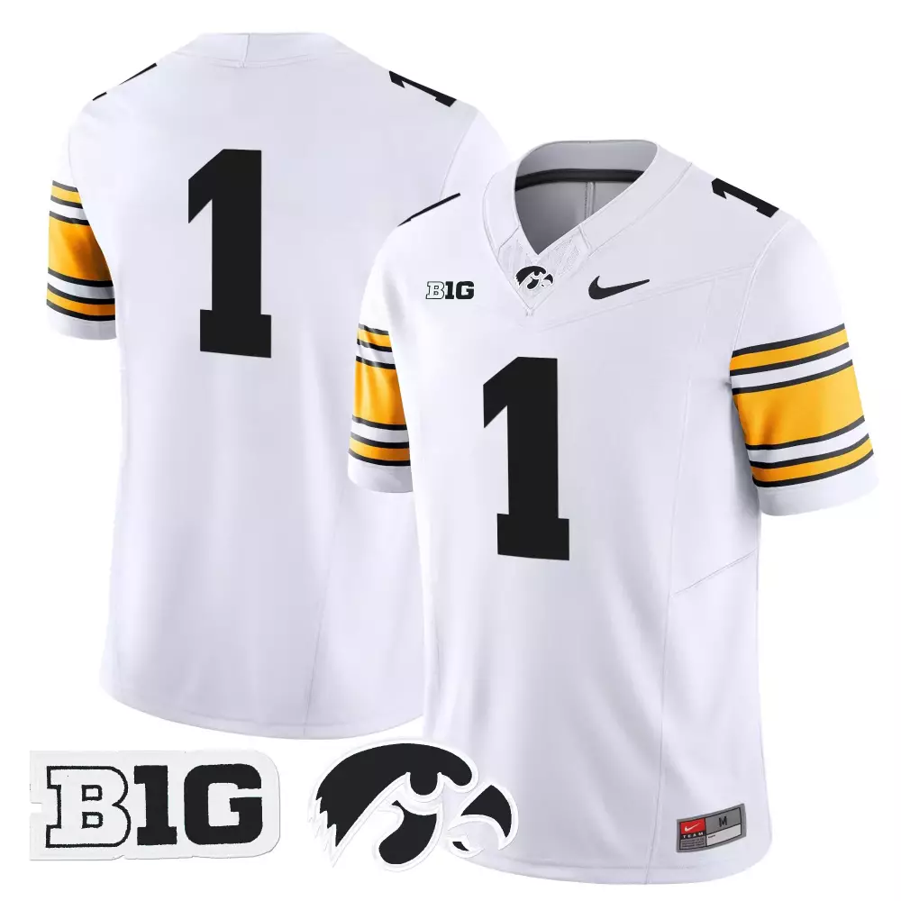 Number 1 Iowa Hawkeyes White Vapor Jersey | All Stitched B1G Patch 2025 | Fan Gear for Men, Women & Youth