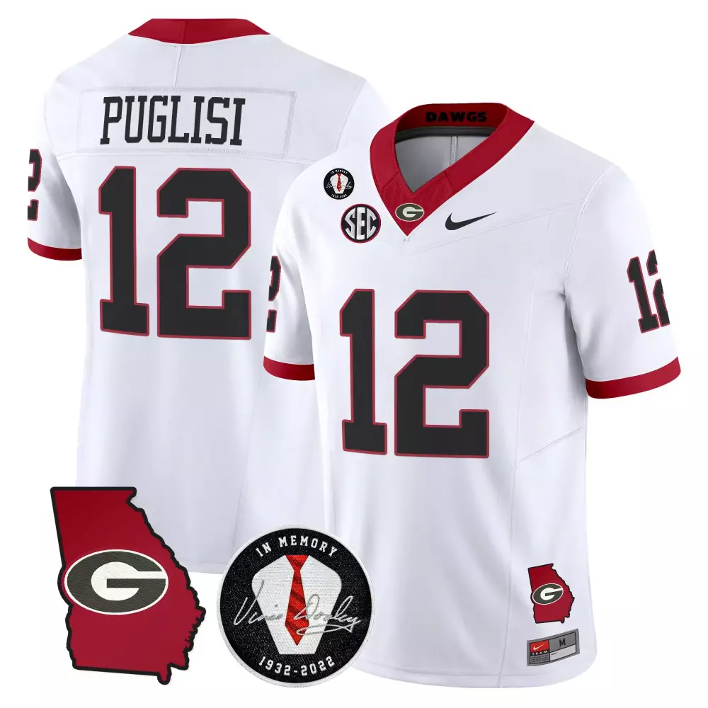 Puglisi 12 Men's Stitched Vapor Jersey | White Georgia Bulldogs 2025 with Vince Dooley Patch | Fan Gear for Men, Women & Youth