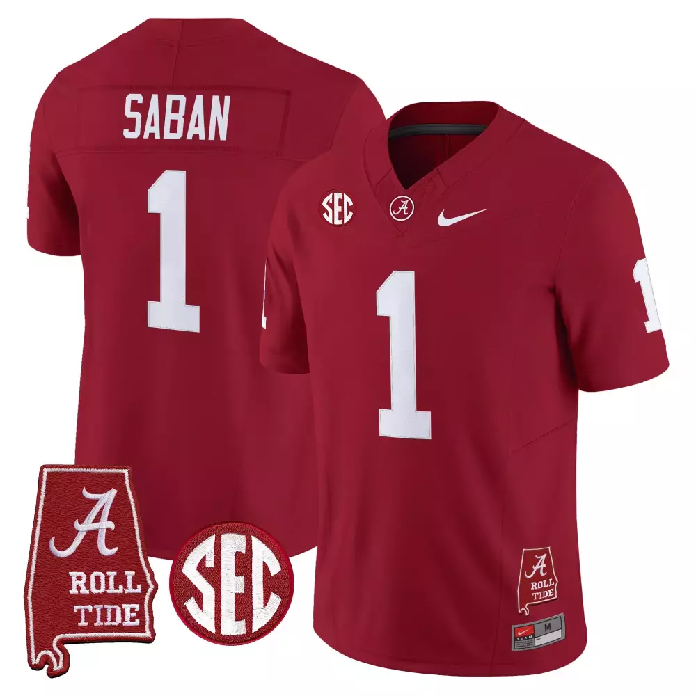 Saban 1 Alabama Crimson Tide Stitched Vapor Jersey | 2021 Roll Tide Patch Crimson | For Men, Women & Youth