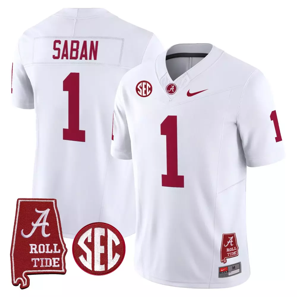 Saban 1 Alabama Crimson Tide White Vapor Jersey | Embroidered Patches 2023 | For Men, Women & Youth