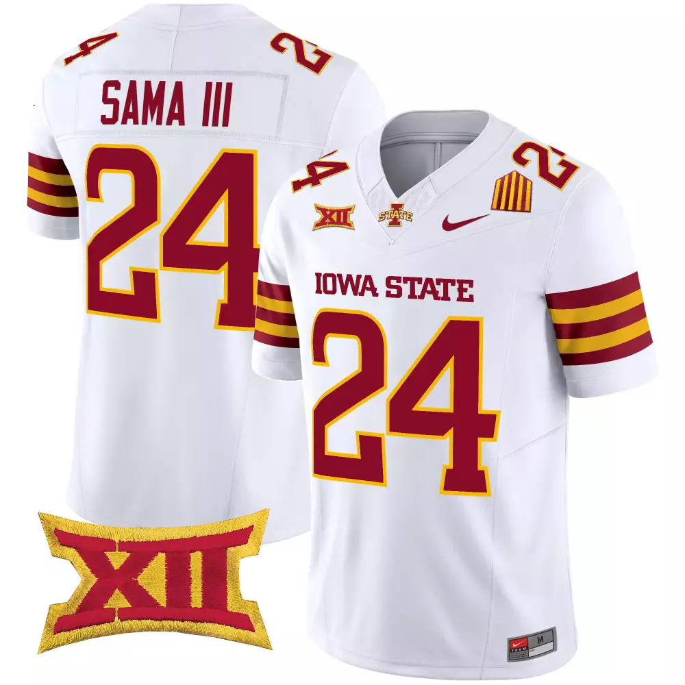 Custom Iowa Hawkeyes  Big 12 Sama Iii 24 State Cyclones Vapor Limited 2025 Xii Patch Football Jersey – White