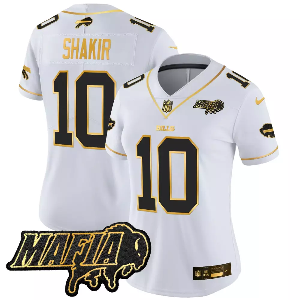 Shakir 10 Women's Buffalo Bills Stitched Vapor Jersey | White 2025 Mafia Patch | Limited Edition Fan Gear | For Men, Women & Youth