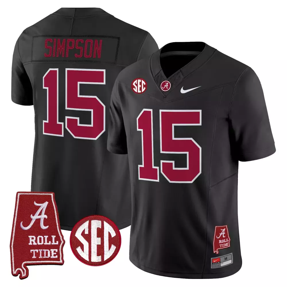 Simpson 15 Alabama Crimson Tide 2025 Black Vapor Limited Jersey | SEC Patch | Limited Edition Fan Gear | For Men, Women & Youth