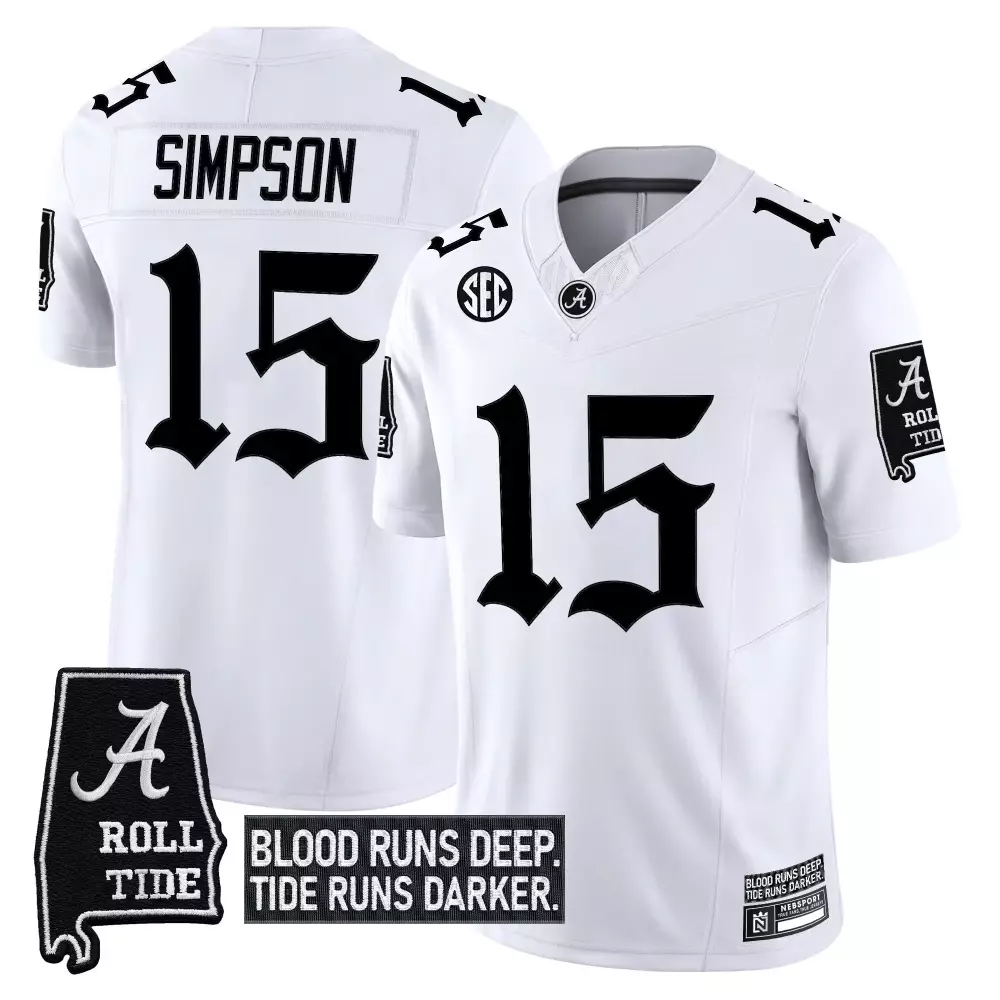 Simpson 15 Alabama Crimson Tide White Vapor Jersey 2023 | Blood Runs Deep Patch | Replica Fan Gear for Men, Women & Youth