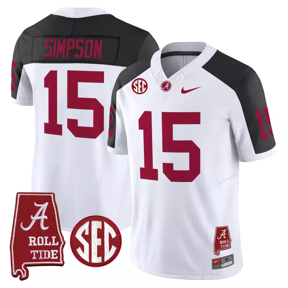 Simpson 15 Alabama Crimson Tide White Black Stitched Vapor Jersey 2023 | SEC Patch | Game Day Outfit for Men, Women & Youth