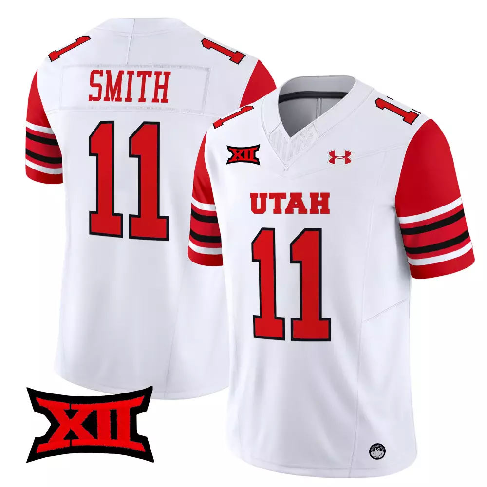 Custom Utah Utes  Big 12 Smith 11 2025 Vapor Limited All Stitched Embroidered Xii Patch Red Football Jersey – White