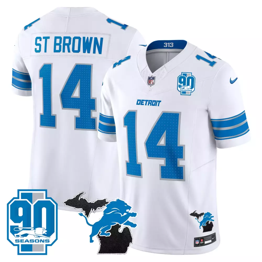 St. Brown Detroit Lions White 90th Season Jersey | 2025 Edition | For Men, Women & Youth