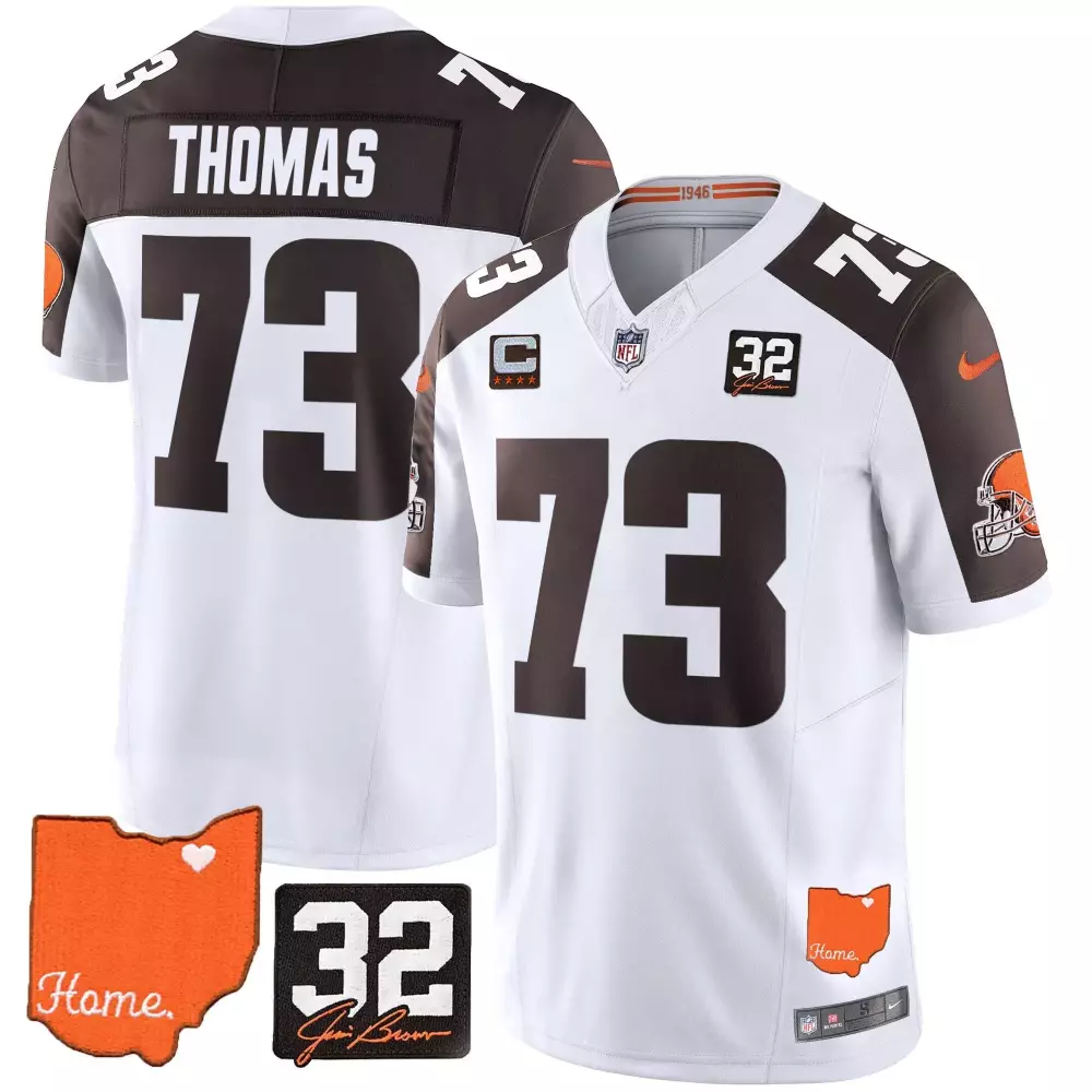 Thomas 73 Cleveland Browns 2025 Vapor Jersey | White with Jim Brown Memorial Patch for Men, Women & Youth