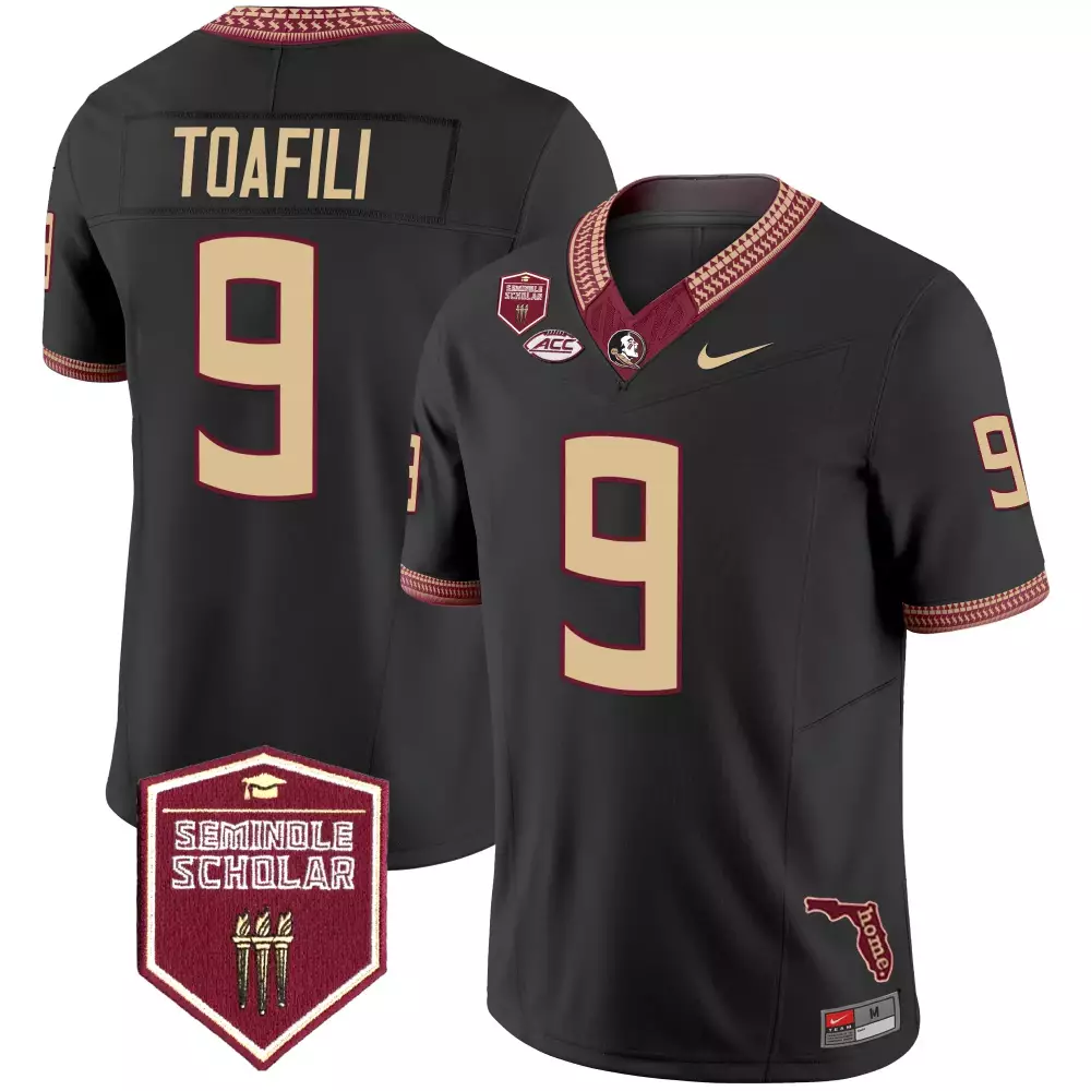 Toafili 9 Florida State Seminoles Men's Black Vapor Jersey | 2025 Seminole Scholar Patch | Game Day Outfit for All Genders