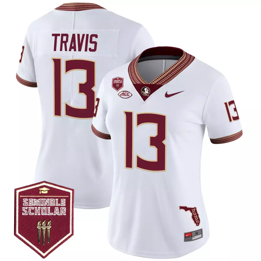 Travis 13 Women's Florida State Seminoles White Vapor Jersey | 2025 Seminole Scholar Patch | Replica Fan Gear for Women & Youth