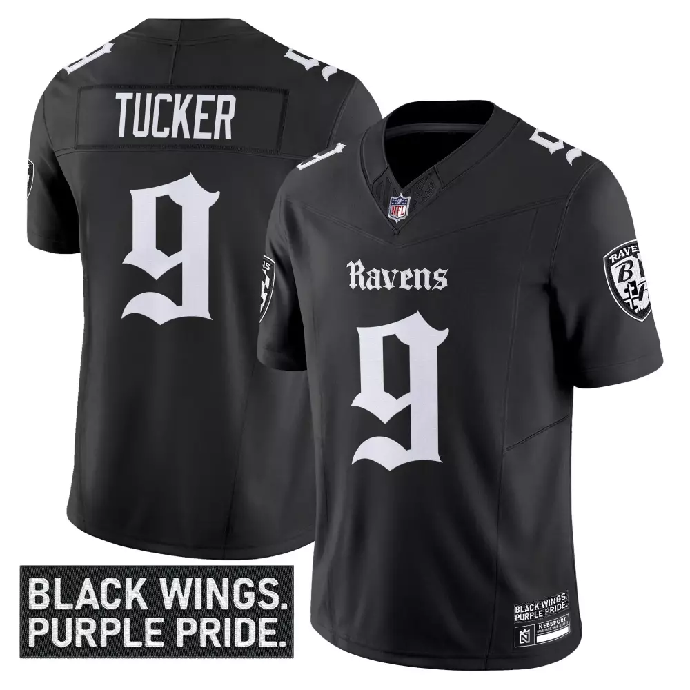 Tucker 9 Baltimore Ravens Men's Black Stitched Jersey | Black Wings Purple Pride 2023 | For Men, Women & Youth