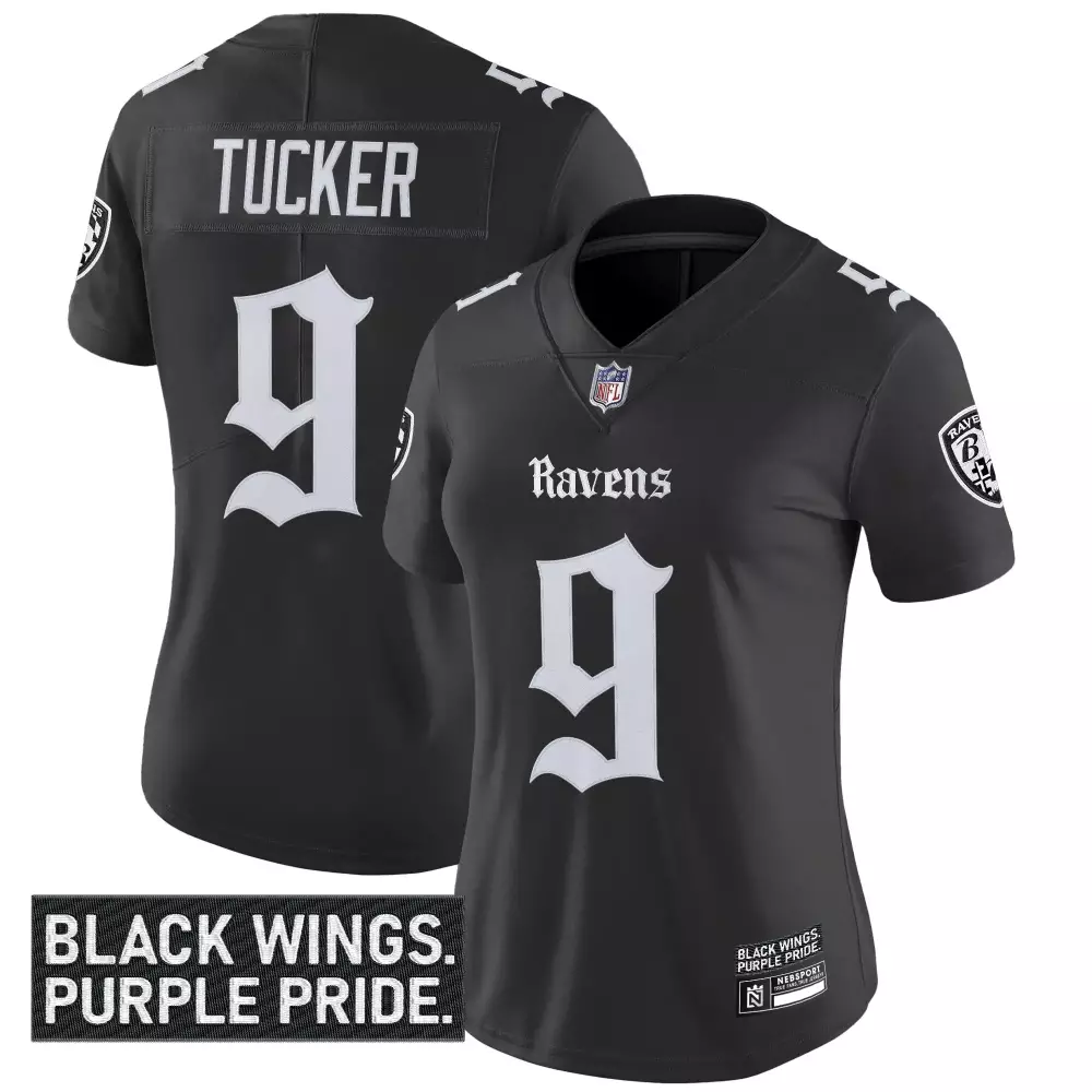 Tucker 9 Women's Baltimore Ravens Black Vapor Jersey | Stitched Embroidered Patch 2023 | For Men, Women & Youth