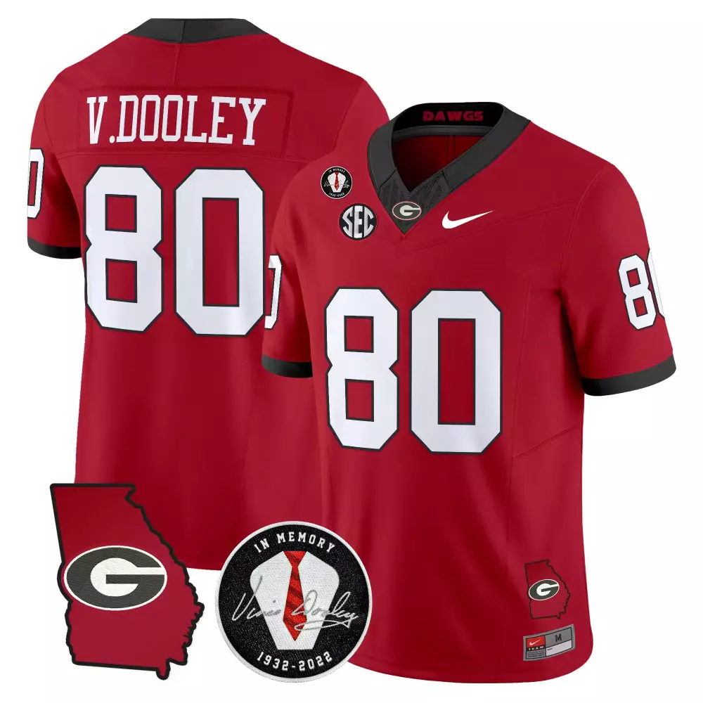 V Dooley 80 Men's Vapor Jersey | Red Georgia Bulldogs 2025 In Memory Patch | Limited Edition Fan Gear | For Men, Women & Youth