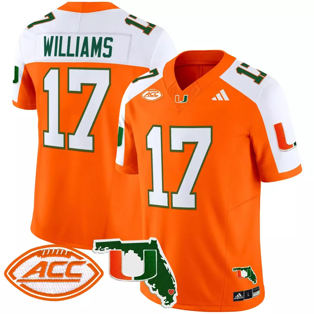 Williams 17 Miami Hurricanes Orange Stitched Vapor Jersey | 2025 ACC Patch | Limited Edition Fan Gear | For Men, Women & Youth