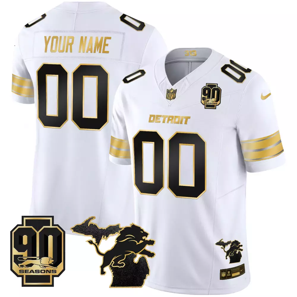 Your Name 00 Detroit Lions White Vapor Jersey | 90 Seasons Embroidered Patch | Limited Edition Fan Gear | For Men, Women & Youth
