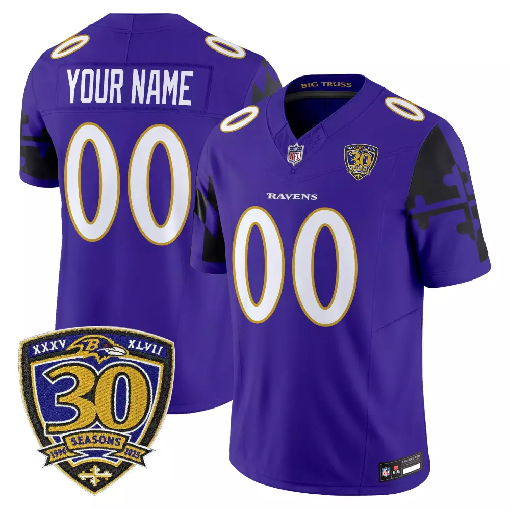 Your Name 00 Men's Stitched Vapor Jersey | Baltimore Ravens Purple 30 Seasons Edition 2023 | Custom Fan Gear for Men, Women & Youth
