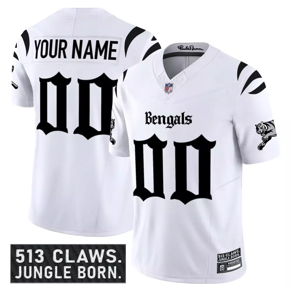 Cincinnati Bengals Your Name 00 Men's Stitched Vapor Jersey | White Jungle Born Edition 2023 | Perfect for Game Day | For Men, Women & Youth