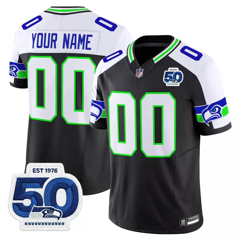 Your Name 00 Seattle Seahawks 50th Anniversary Black Jersey | Stitched Vapor Style | For Men, Women & Youth