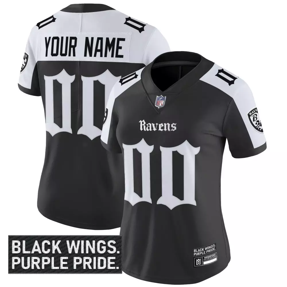 Your Name 00 Women's Black Baltimore Ravens Vapor Stitched Jersey | 2023 Black Wings Patch | Custom Fan Gear for Men, Women & Youth